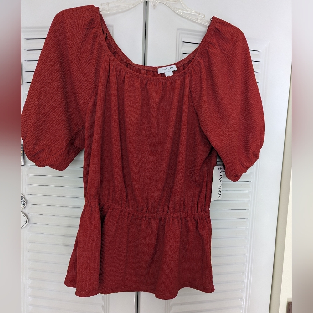 New With Tags Nine West Red Blouse with Puff Sleeves